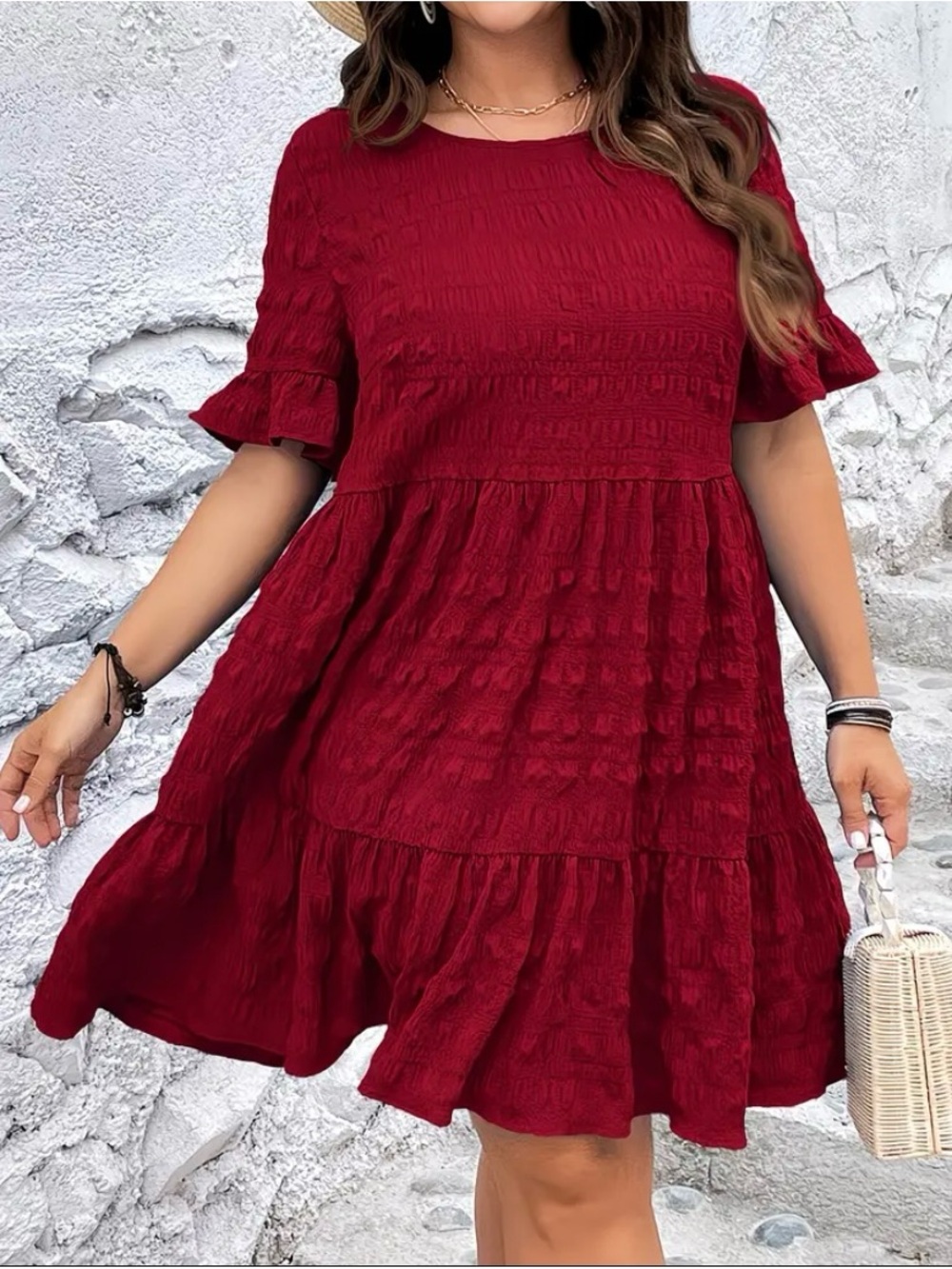 Women’s Red Ruffle Tiered Short-Sleeve Dress